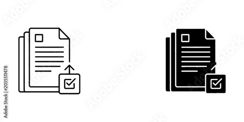 Stack of documents with upload and check mark icon black and white document