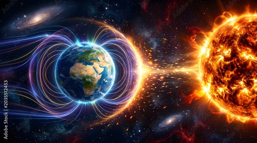 Obraz premium The sun unleashes a powerful solar blast impacting earth's magnetosphere, creating a display of cosmic energy and light amidst