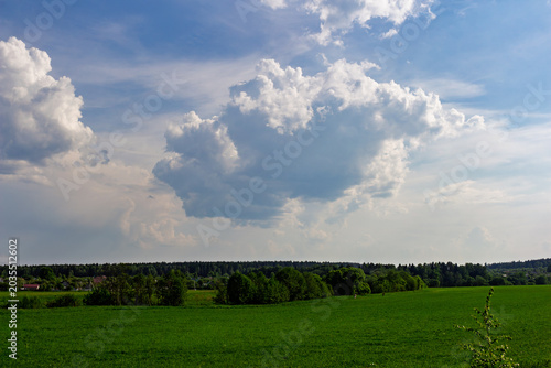 Fluffy white cumulus clouds drifting across a vast blue sky above a vibrant green meadow and a distant tree line, capturing a serene summer afternoon in the countryside