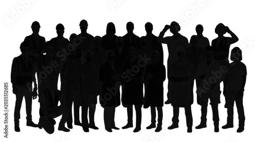 Schilderij op canvas Diverse group of silhouetted individuals standing closely together in a unified line formation, conveying teamwork or unity
