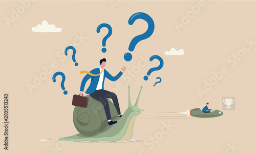Fotografia Slow, inefficient or stupid mistake, businessman idiot leader riding slow snail