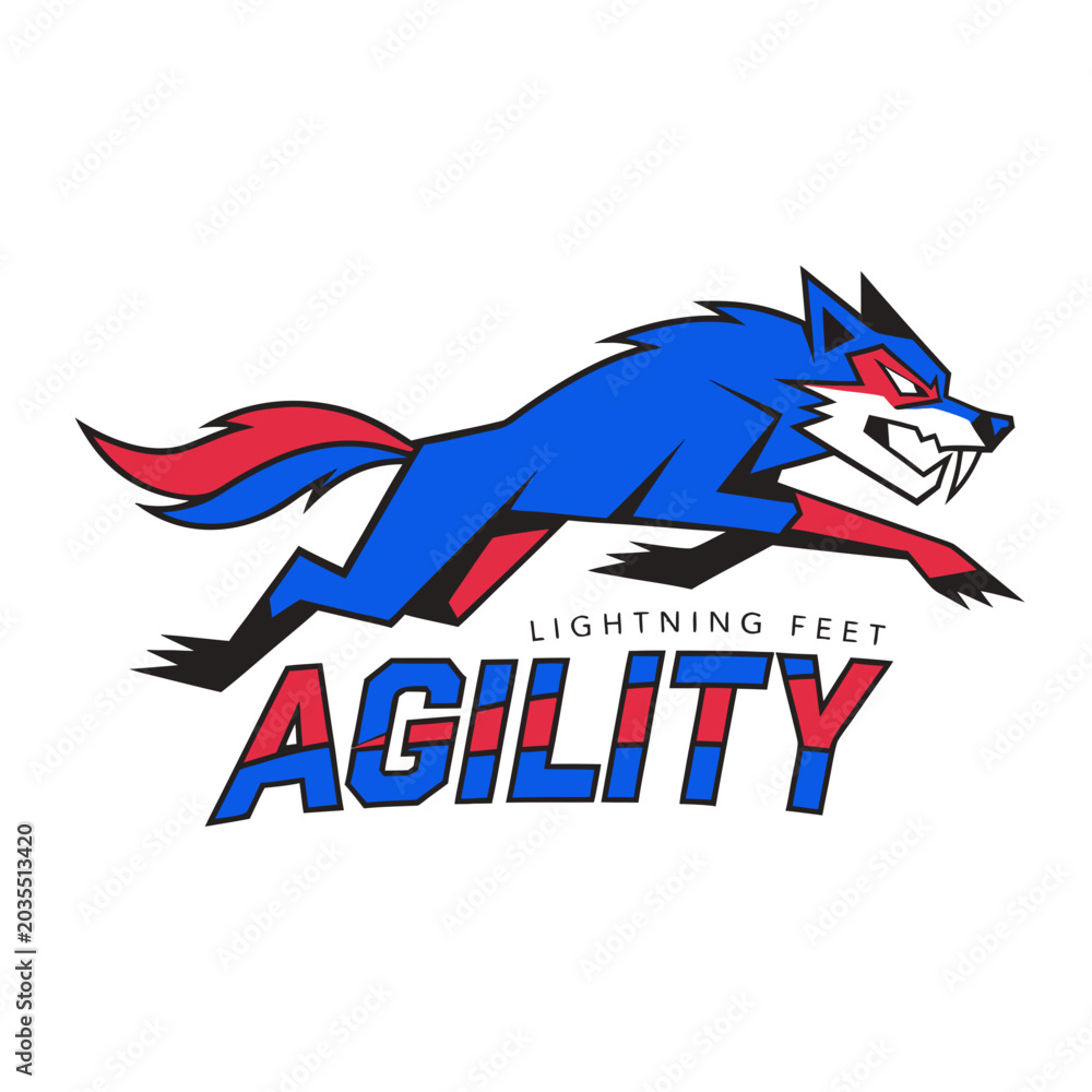 Fototapeta premium Agility wolf mascot logo representing lightning speed with jumping blue animal character and red striped decorative typography elements.