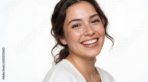 portrait of a young smiling woman with freckles on her face,  photo