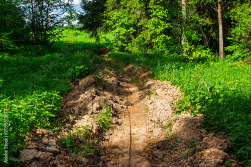 Φωτογραφία Firebreak trench carved into the earth at the edge of a lush green forest, creat