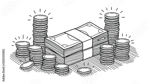 Bilde på lerret A neat composition of bundled cash stacks and neatly arranged coin piles, all depicted in a striking black and white etching style, against a pristine white background