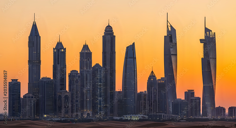 Fototapeta premium Panoramic cityscape of modern skyscrapers at sunset with cityscape skyscrapers architecture