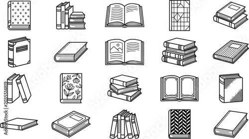 Bild auf Leinwand Black line art book icon set with open closed and stacked textbooks isolated on