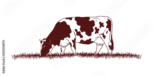 Elegant single stroke cow sketch grazing on grass field.