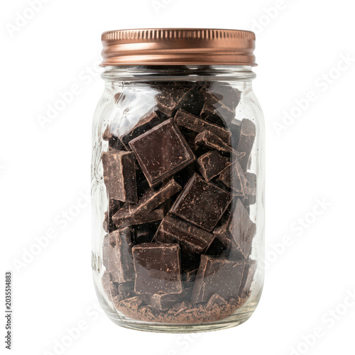 Mason jar filled with dark chocolate pieces isolated