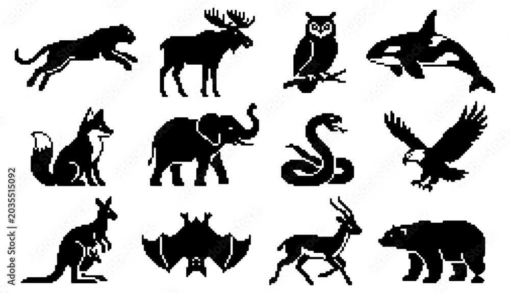 Obraz premium Pixel Art silhouette vector, Pixel Art black silhouettes of wild african forest and jungle animals seamless pattern on white background