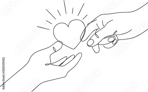 Foto One line art illustration of two hands reaching out to share a glowing heart shape symbol