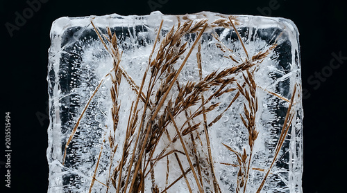 Frozen cattails encased in a block of ice on a black background