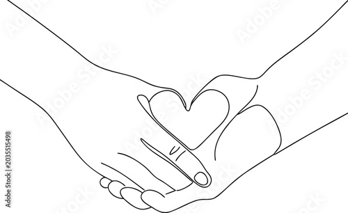 Two hands shaking with heart symbol for trust and agreement continuous line art technique.