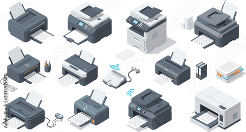 Tableau sur toile Isometric printer and copier machine collection with modern office equipment tec