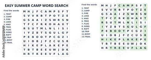 Easy Summer Camp Word Seek Puzzle Sheet for Kids