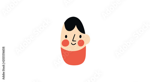 Smiling cartoon boy with black hair.