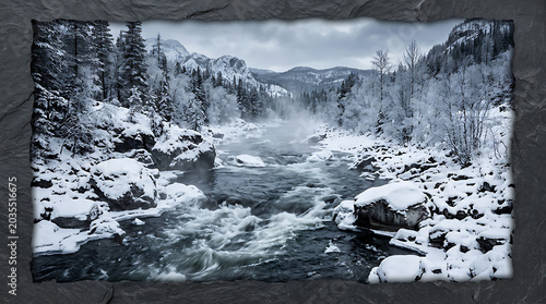 Snowy mountain river landscape with rapids and evergreen trees