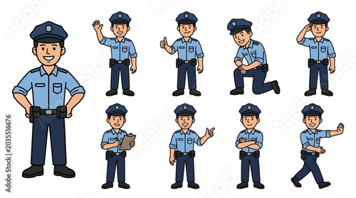Canvas Print Police Officer Various Poses Cartoon Style.