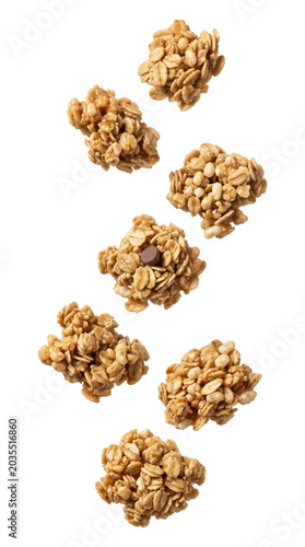Crunchy granola clusters whole oat breakfast cereal nuggets. Isolated on transparent background, png