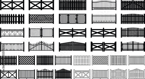 Foto Collection of fence and gate silhouette designs including picket, lattice, wroug