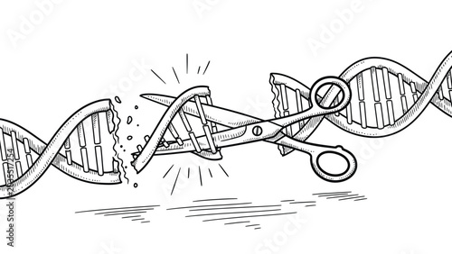 Photography Close up illustration of scissors cutting DNA strand in half, symbolizing genetic modification, gene editing, scientific research, and biotechnology advancements