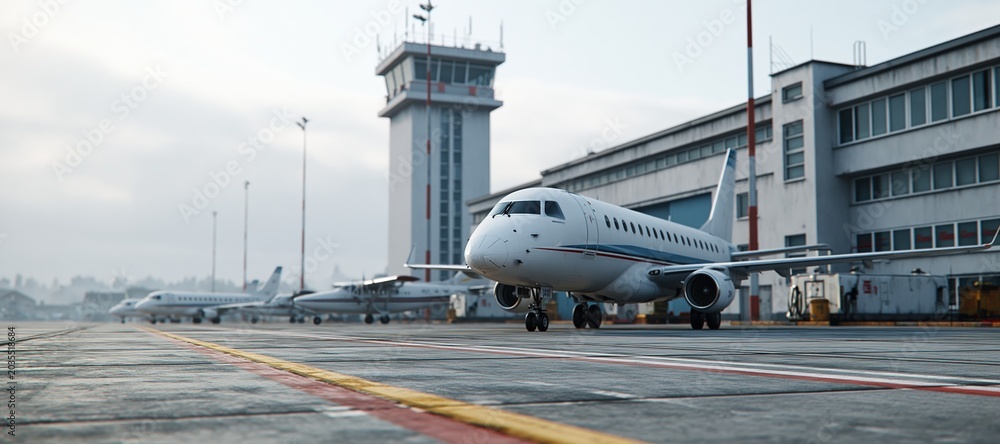 Fototapeta premium Panoramic airport apron with small unbranded aircraft parked near fuel equipment