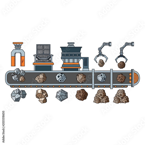 Industrial Conveyor Belt with Rocks and Robotic Arms
