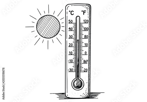 Tablou pe pânză Outdoor thermometer showing high temperature with bright sun symbol hand drawn sketch representing summer heat wave and global warming climate conditions