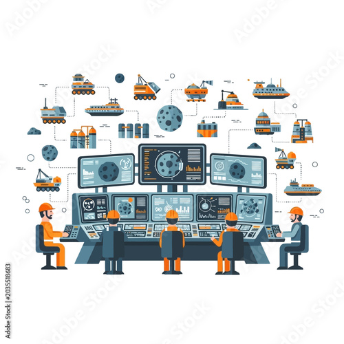 Industrial Control Room with Diverse Machinery Illustrations