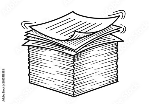 Large stack of paper documents with sheets flying in wind hand drawn sketch illustration representing office workload bureaucracy and organized paperwork.