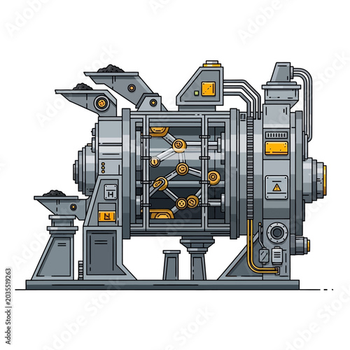 Industrial machinery line art illustration, metallic construction on white