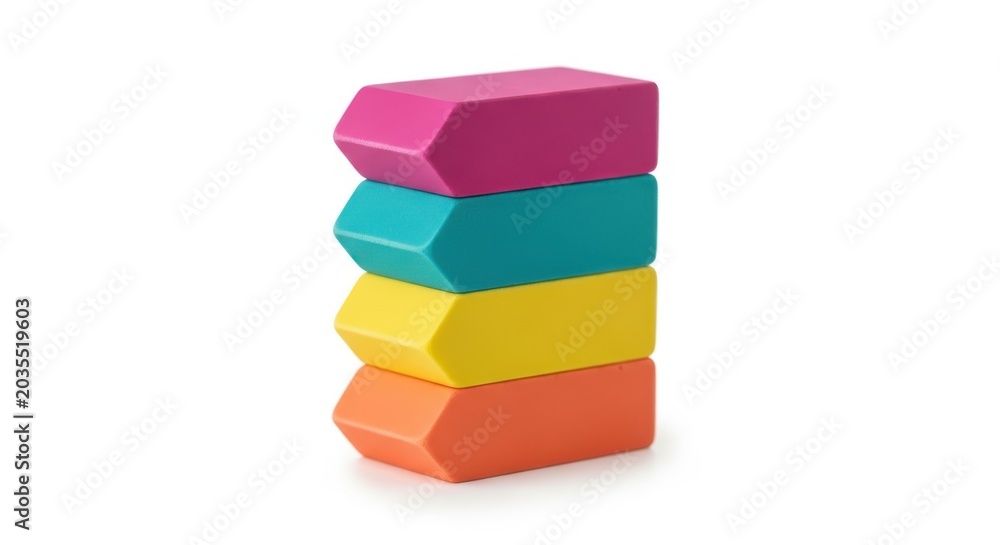 Fototapeta premium Stack of four colorful rectangular erasers isolated on white background