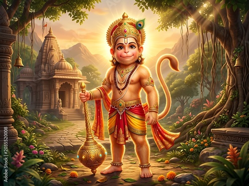 Cute Baby Hanuman in Sacred Temple Garden Cartoon Illustration