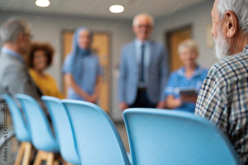 Fototapeta premium Diverse healthcare team welcoming patient in accessible clinic reception