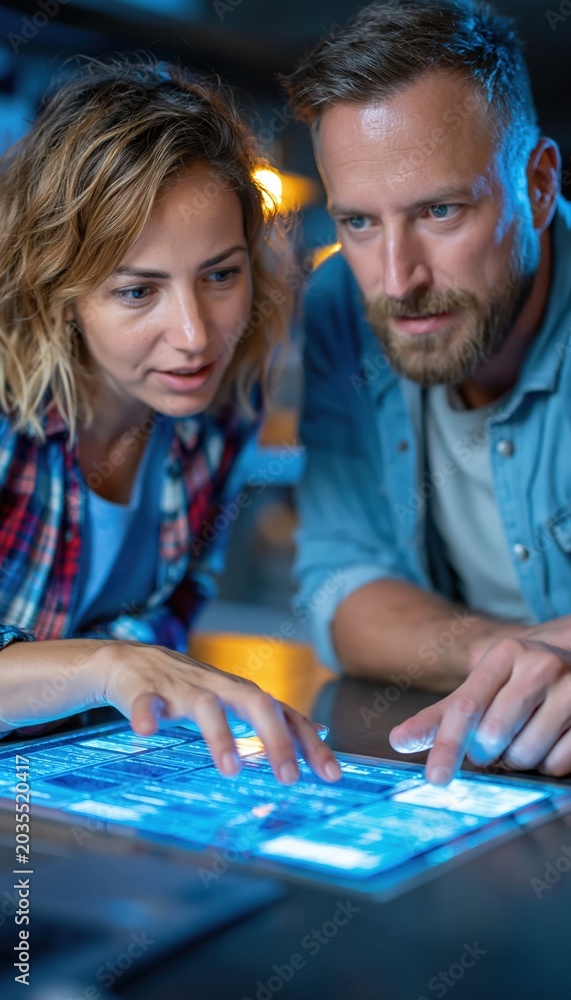 Fototapeta premium Developer and consultant collaborating on futuristic holographic interface