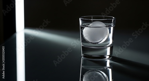 Clear shot glass filled with vodka and a single large ice sphere.