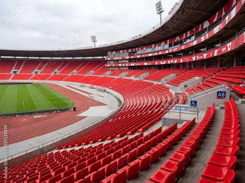 Empty Modern Sports Stadium with Red Seats and Green Grass Field