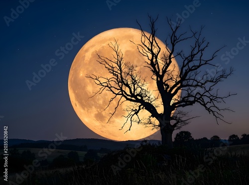 Dramatic supermoon glowing behind a leafless tree silhouette in night landscape