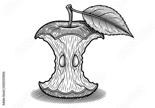 Foto Eaten apple core with leaf and stem as symbol of completion consumption decay and end result representing final stage of something finished