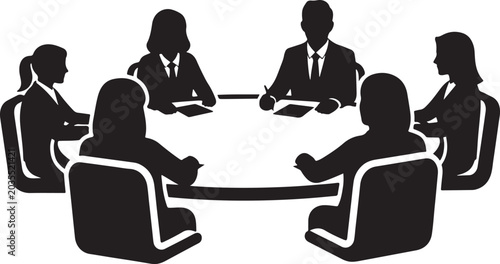 Black silhouette business people having meeting around round table isolated on transparent background.