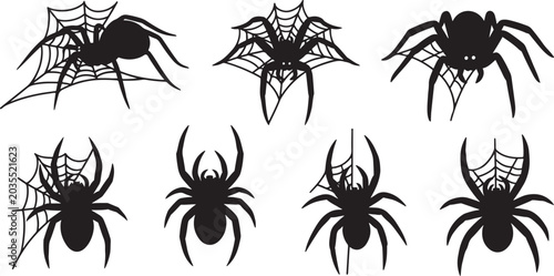 Black spider silhouettes on webs collection set of eight spooky arachnid vector shapes for halloween designs.