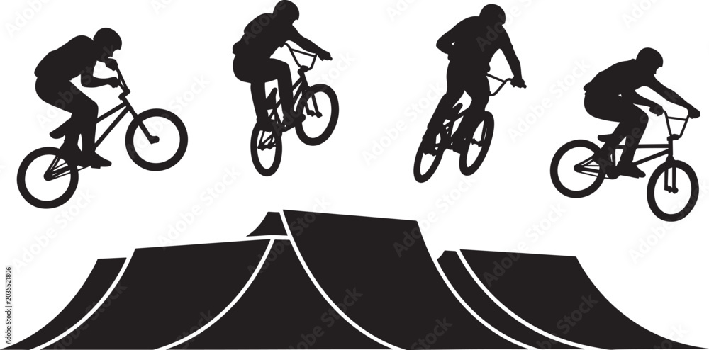 Naklejka premium BMX cyclist performing tricks silhouettes on ramps isolated on transparent background, extreme sports, bicycle stunts.