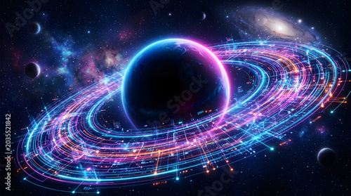 Planet with glowing rings in outer space with stars and galaxies  futuristic scene transparent background