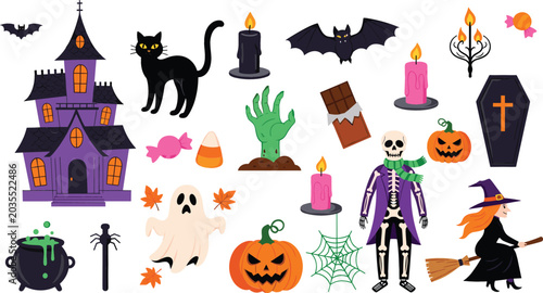 Quadro su tela Vector set of cute spooky Halloween elements, including haunted house, witch flying on broom, pumpkins, skeleton, ghost, and black cat isolated on white background