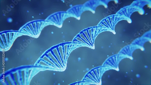 Luminous blue genetic helix model background with floating particles. High-contrast medical screen overlay designed for biotechnology marketing and scientific video editing.