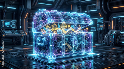Glowing neon treasure chest filled with cryptocurrency and digital assets in a futuristic room transparent background