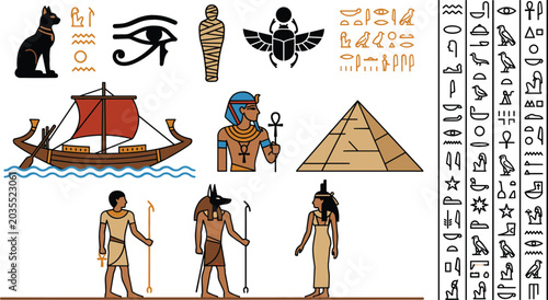 Quadro su tela Vector set of ancient Egyptian history symbols, including pyramid, pharaoh, anubis, mummy, scarab beetle, eye of horus, ship, and hieroglyphic writings