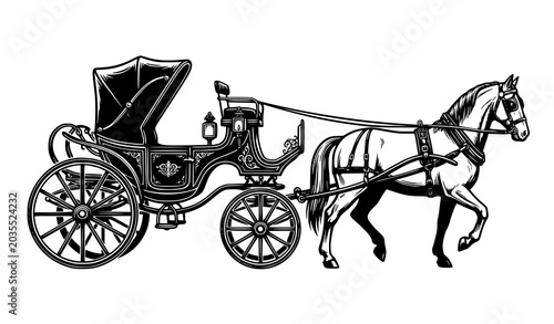 Vintage horse-drawn carriage or chariot sketch vector illustration