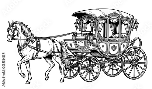 Bild auf Leinwand Detailed antique royal horse carriage black and white vector
