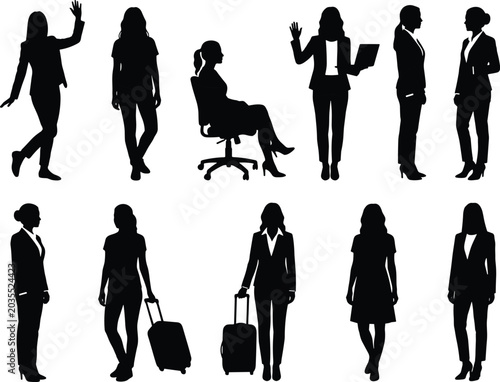 Bilde på lerret Set of professional business women silhouettes in various poses including sittin